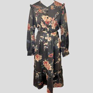Novella Modest Midi Dress Size Medium Prairie Cottage Floral Ruffle Tiered Black